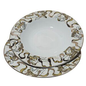 2 American Atelier Heavenly Host Soup Bowl 9" cherub gold ribbon gilt trim luxur